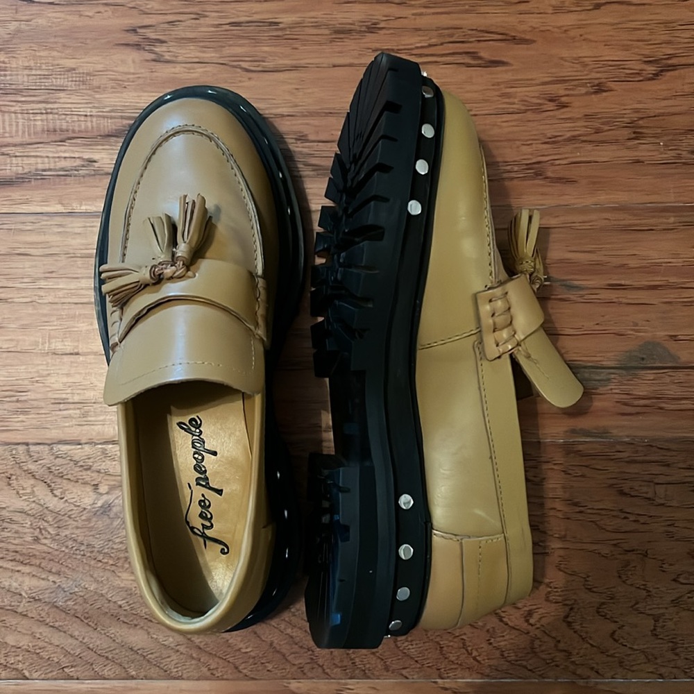 Free People Tan Leather Tassel Lug Loafers with Black Platform